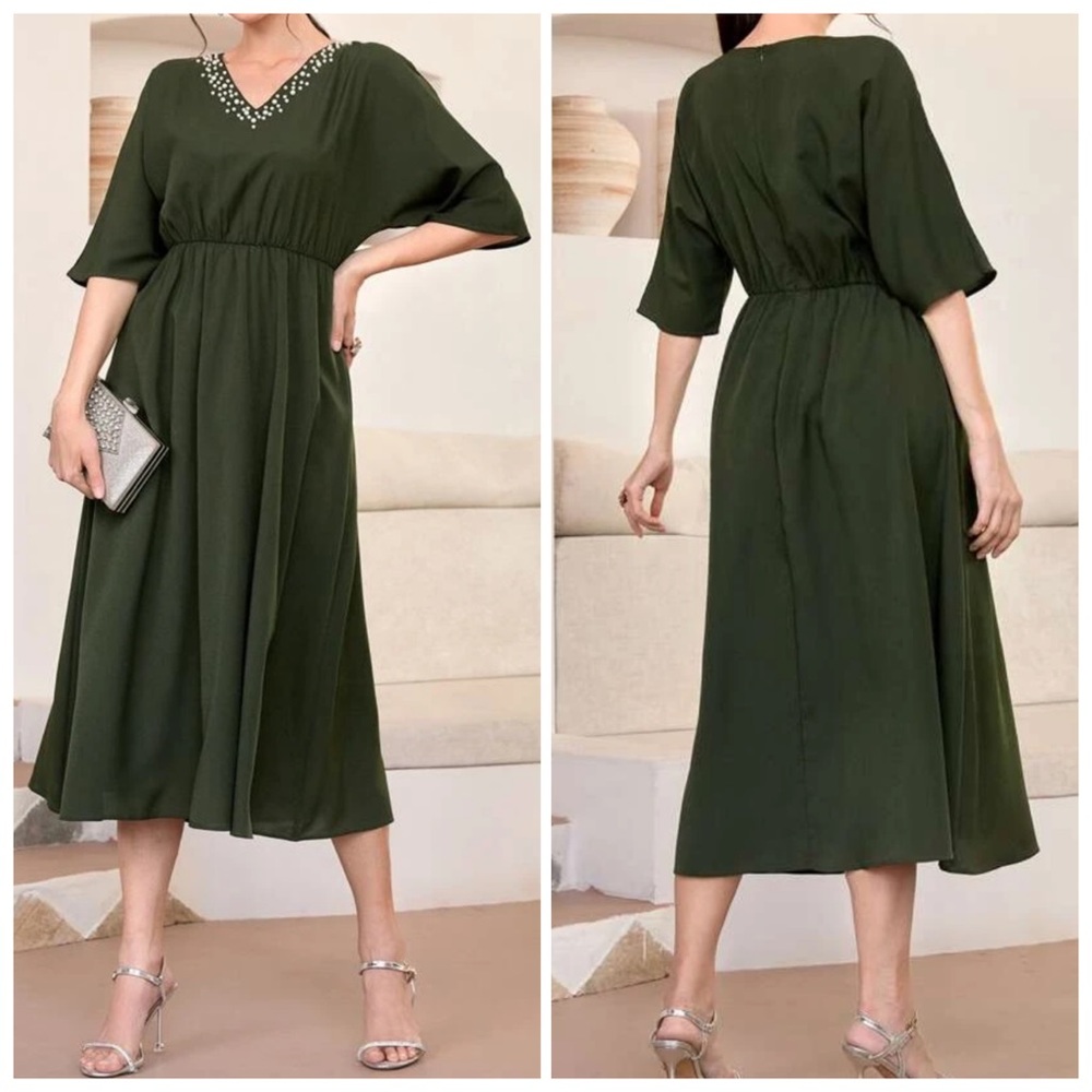 NEW Shein Pearls Beaded Neck Batwing Sleeve Army Green Dress. Size M
